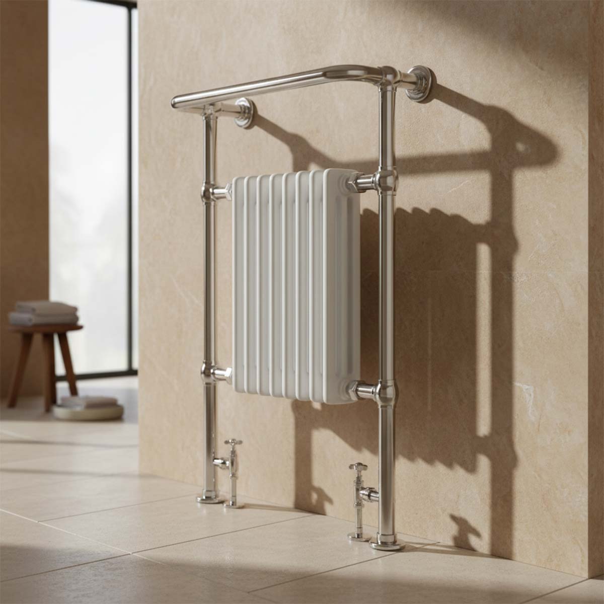 Chrome Traditional Towel Radiator with Overhanging Rail - 963mm X 673mm