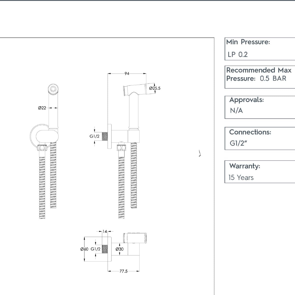 Cold water feed douche shower kit technical drawing 