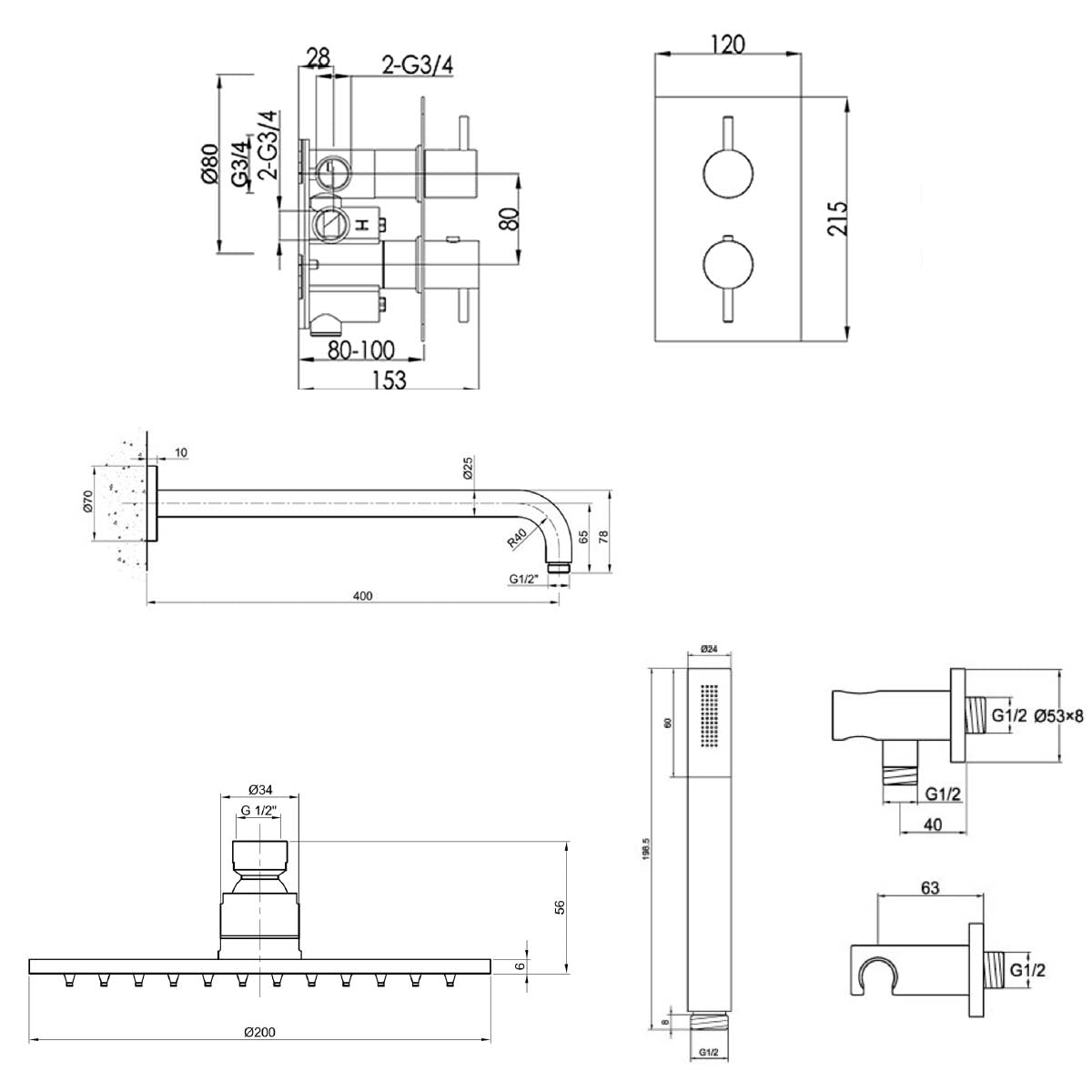 Concealed 2 Outlet Shower Valve with Shower Handle and Shower Head & Arm - Stainless Steel technical details