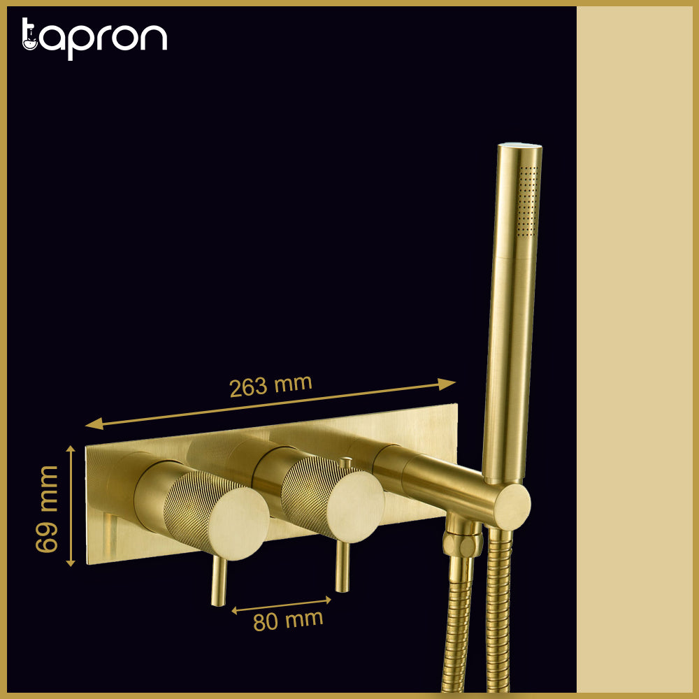 Gold Thermostatic Concealed 2 Outlet Shower Valve with Handset - Brushed Brass Secondary image