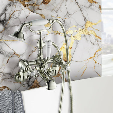 Crosshead Wall Mounted Bath Mixer With Shower Handset - Brushed Nickel
