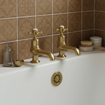 Deck-Mounted Traditional Brushed Brass Crosshead Pillar Bath Taps Main image