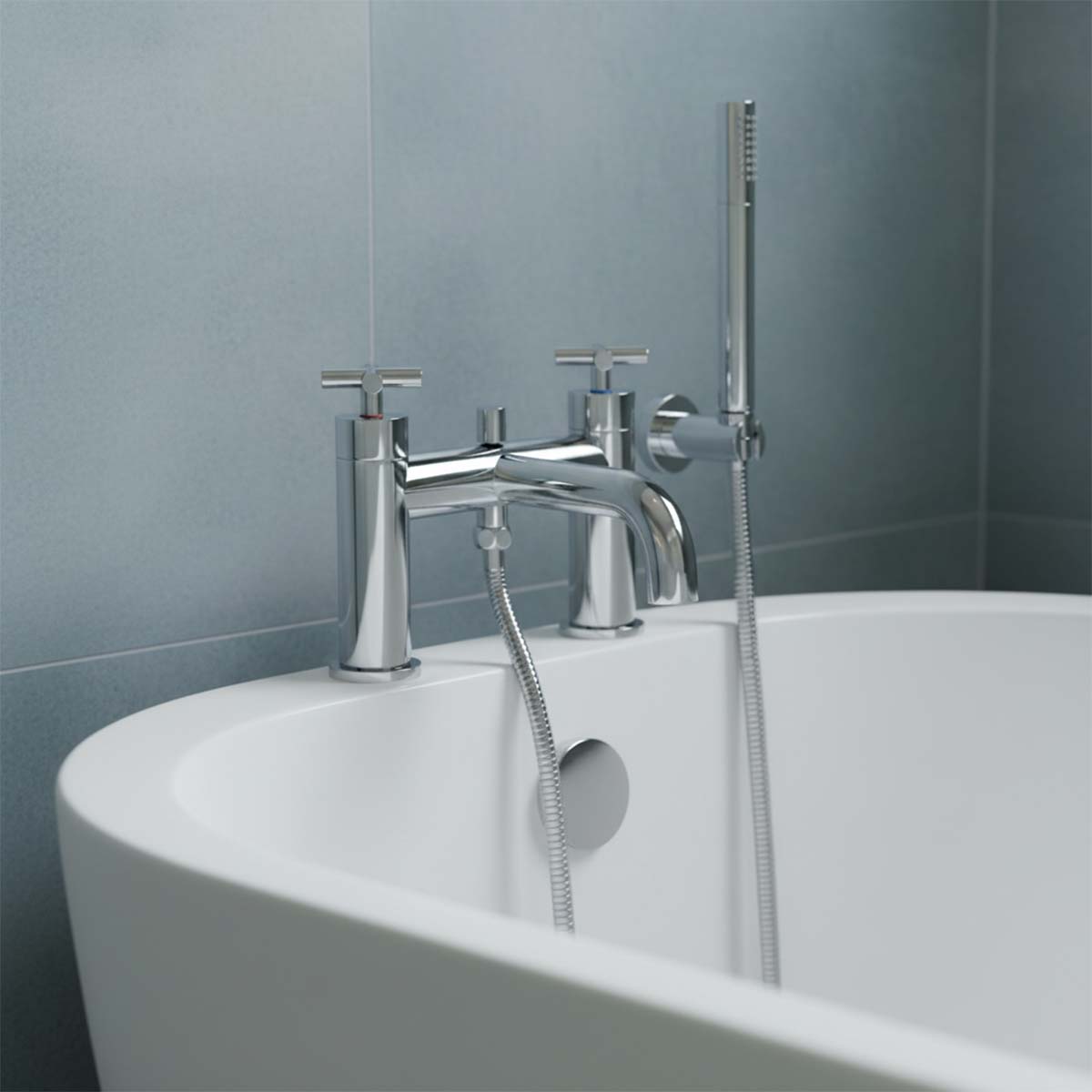 Deck Mounted Modern Bath Shower Mixer Tap with Shower Kit— Chrome