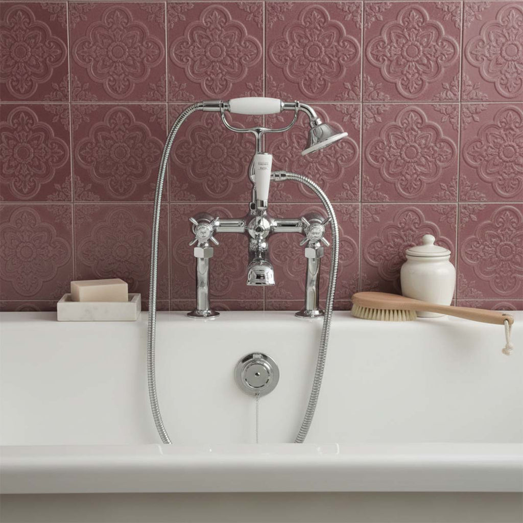 Victorian Deck Mounted Bath Tap with Shower Handset - Chrome 