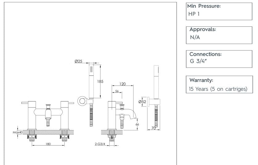 Deck Mounted Bath Mixer Tap with Shower Kit - Brushed Brass Secondary image