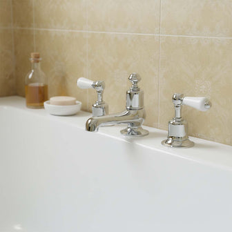 3-Hole Deck-Mounted Bath Filler Tap with White Lever Handles- Chrome Secondary image