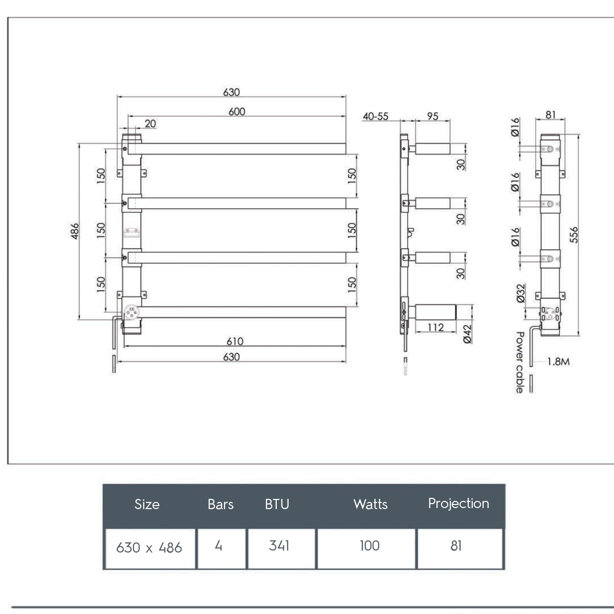 Designer Electric Towel Rail Bars - 486mm x 600mm technical Details