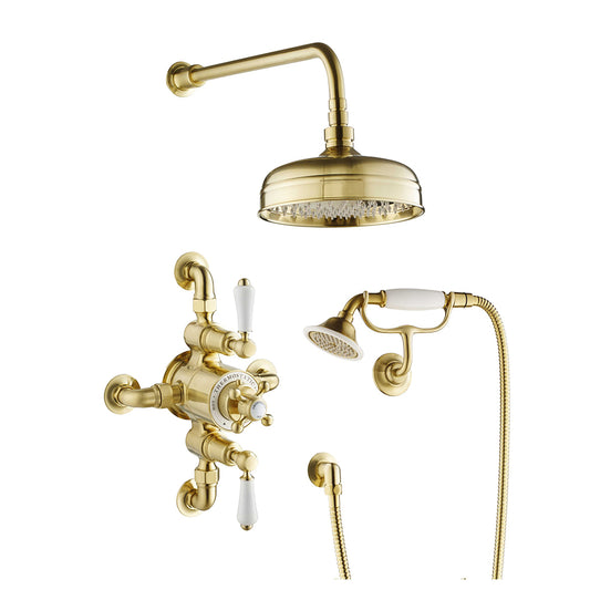 Dual Exposed Thermostatic Shower (inc. Valve, Elbow, Handset + Fixed Shower Head and Arm) - Brushed Brass 1000