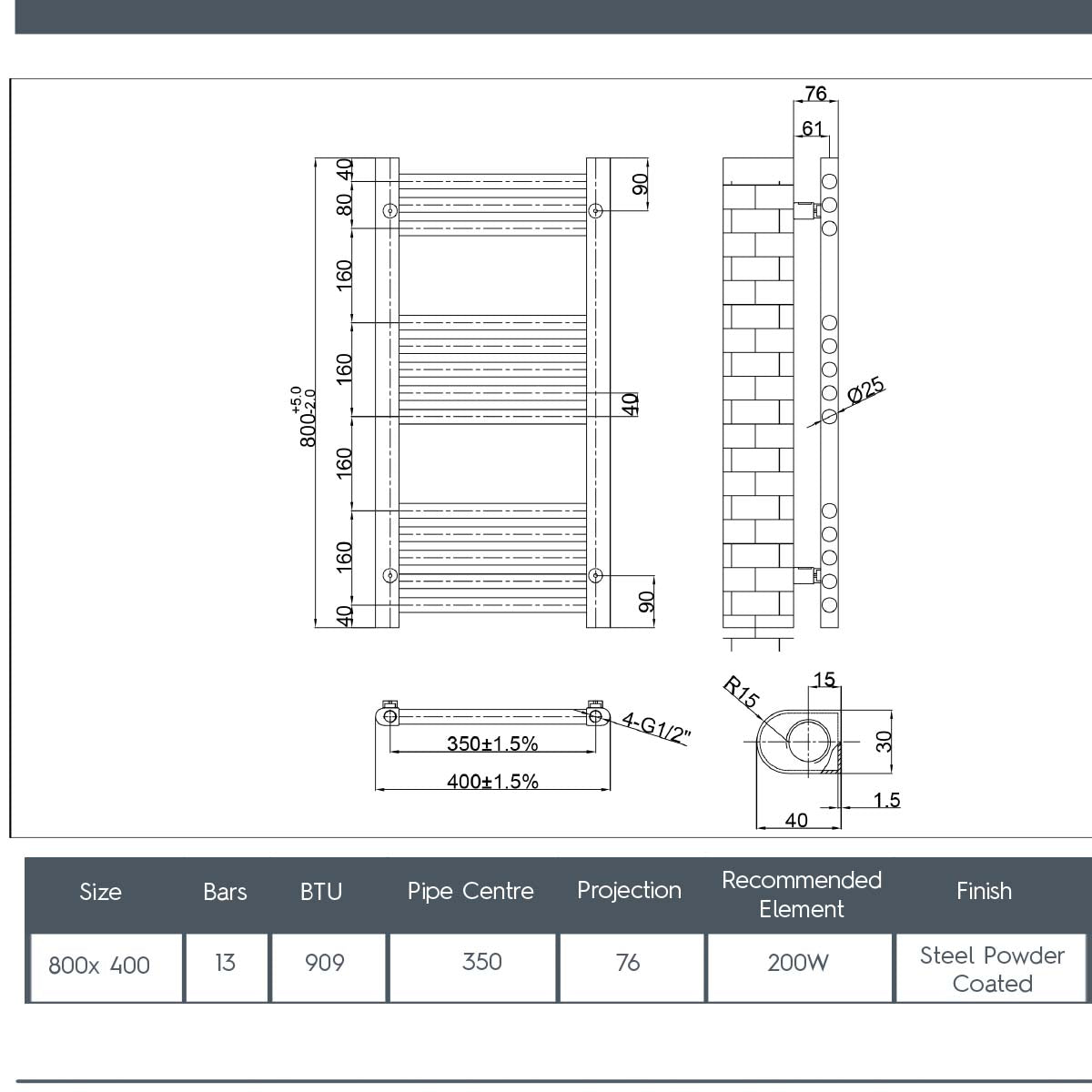 Dual fuel towel rail 800mm x 400mm