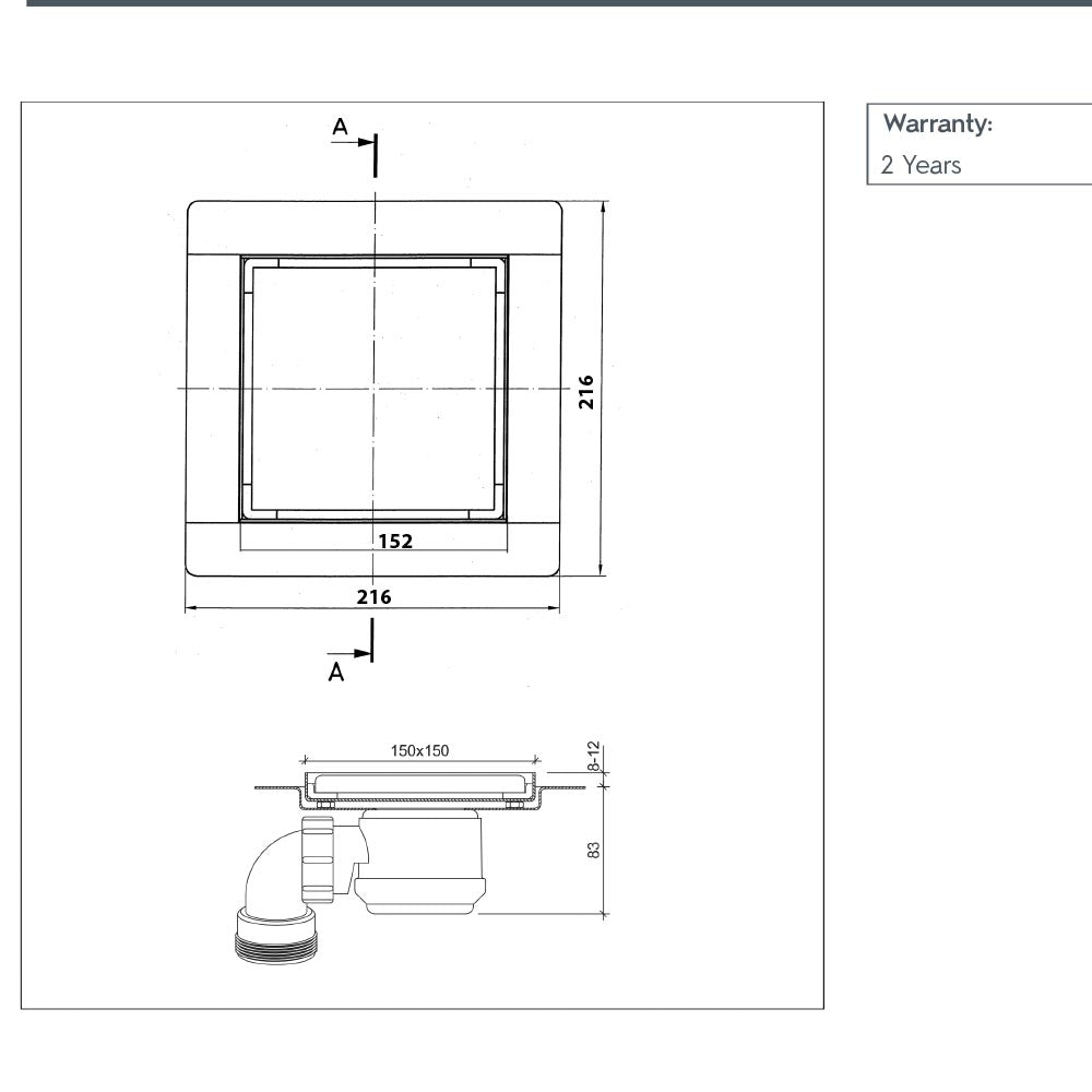 square shower drain technical drawaing