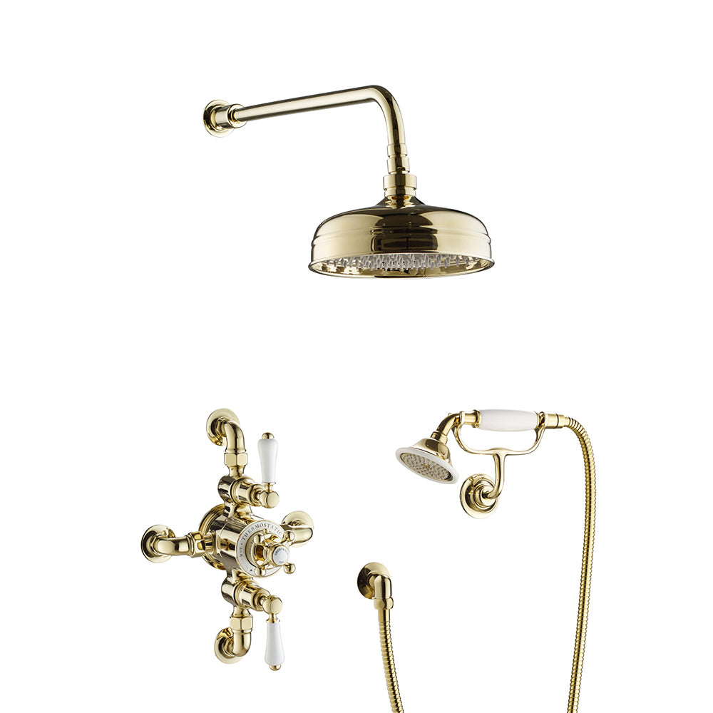 Exposed 2 Outlets Thermostatic Shower (with Valve, Handset + Fixed Shower Head and Arm) - Antique Brass Secondary image