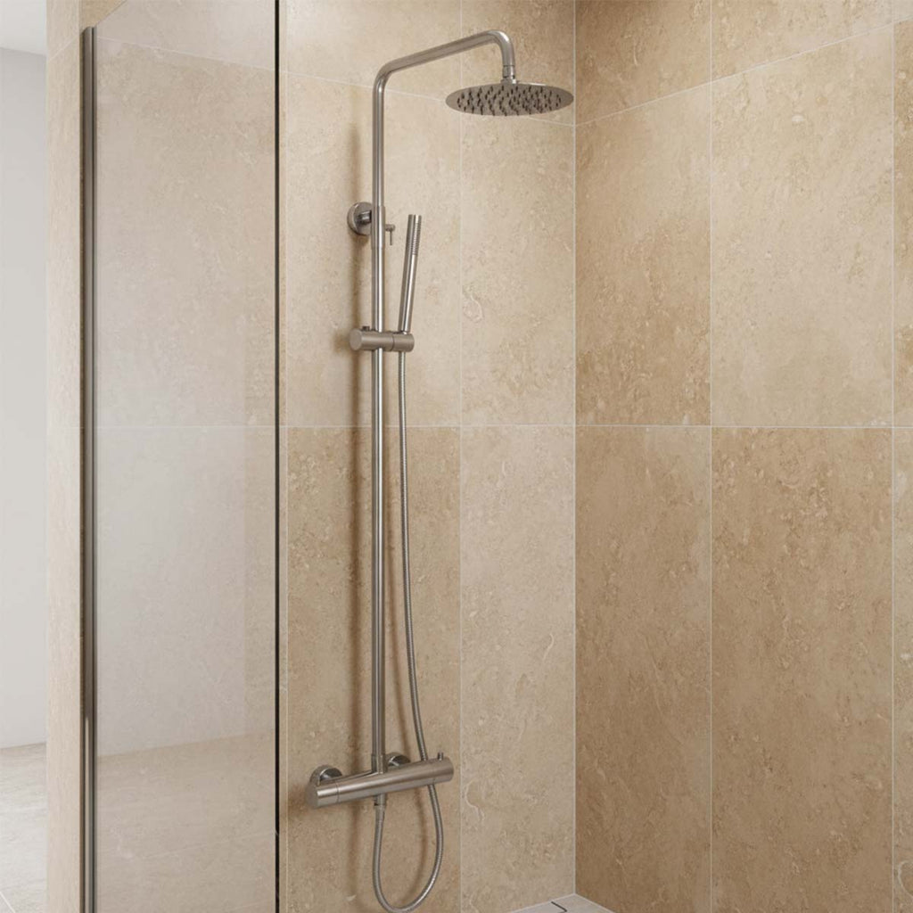 Exposed thermostatic shower valve with rigid riser and handset - stainless steel