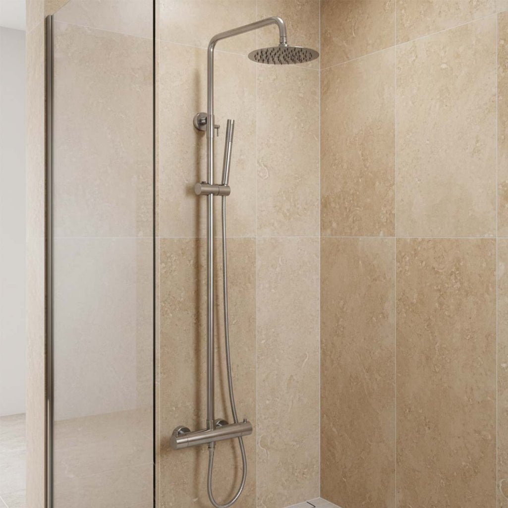 Exposed thermostatic shower valve with rigid riser and handset - stainless steel