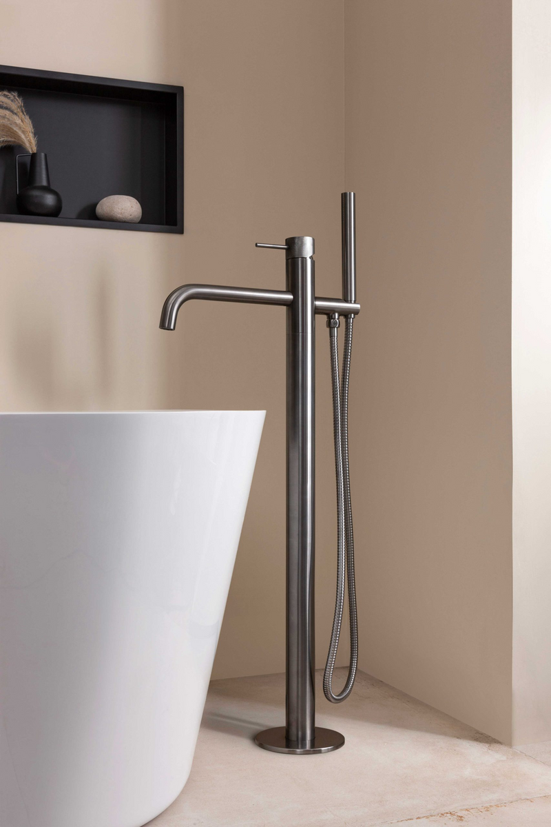 Floor standing bath tap with shower brushed black
