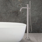 Floorstanding stainless steel bathroom tap with shower kit