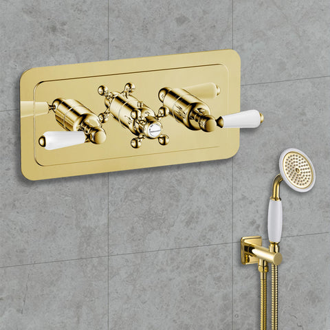 Gold Thermostatic Concealed 3 Outlet Shower Valve, Horizontal