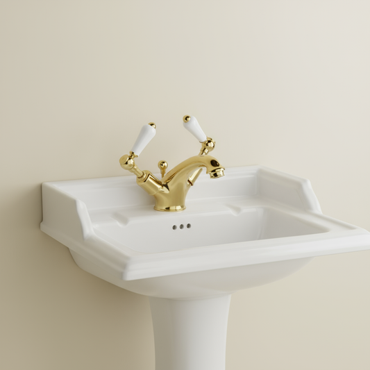 Traditional Gold Mono Basin Mixer Tap with White Lever Handles