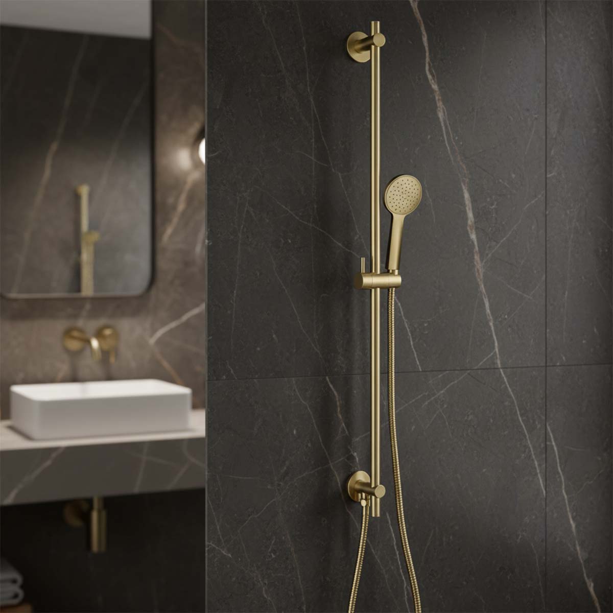 Gold Slider Shower Rail Kit Round Shower Handset and Hose