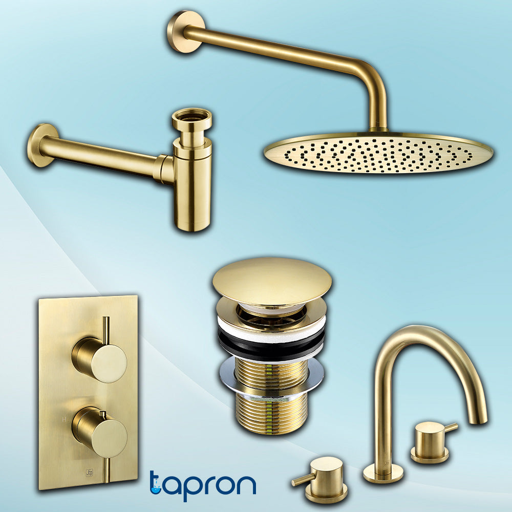 bras  bottle trap, slotted basin waste, round shower head, shower arm, 3 hole basin mixer tap, thermostatic shower valve ! TAPRON UK