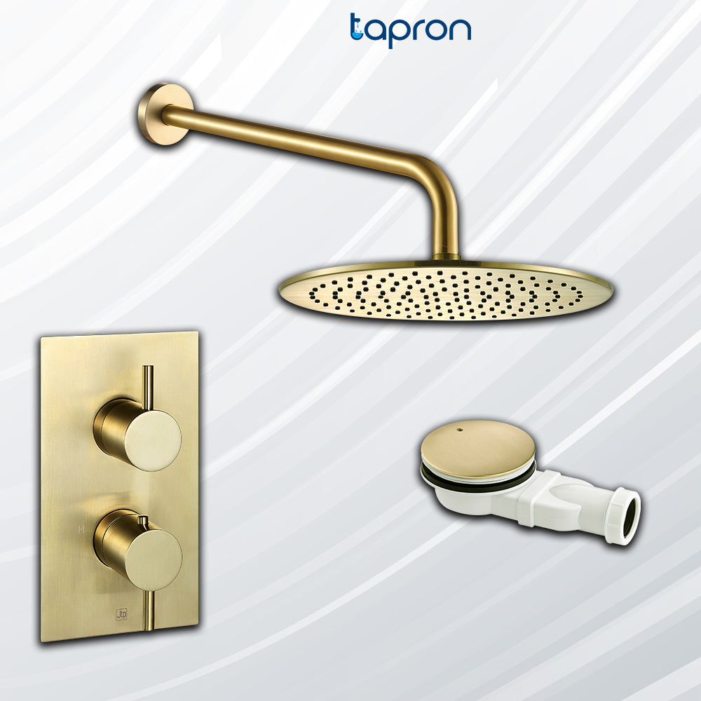 round shower head, gold shower arm, thermostatic, shower valve, brushed bath waste Main image