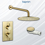 round shower head, gold shower arm, thermostatic, shower valve, brushed bath waste