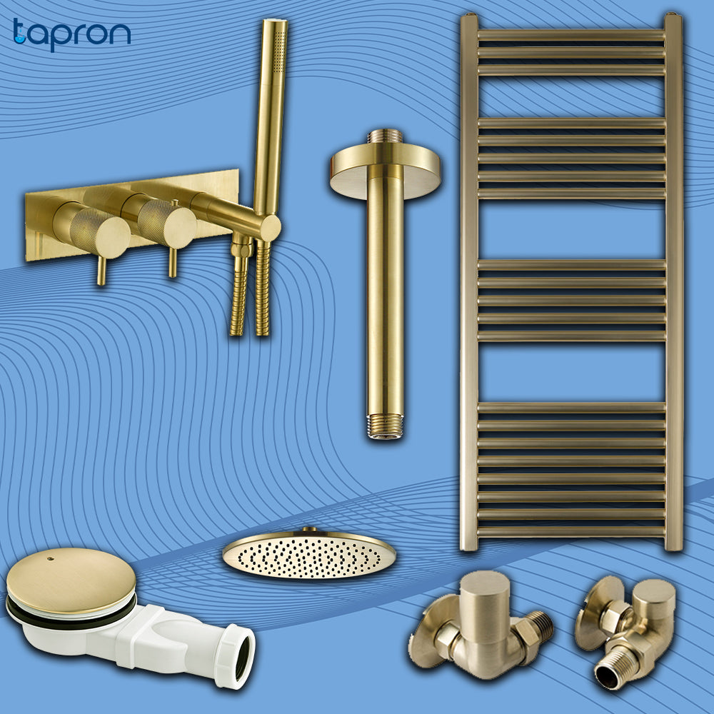 vertical heated towel rail, round shower head, brushed shower arm, brushed bath waste Main image
