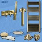vertical heated towel rail, round shower head, brushed shower arm, brushed bath waste