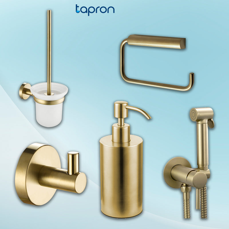 gold toilet brush holder, soap dispenser for bathroom, shower kit, single robe hook, toilet paper holder ! TAPRON UK
