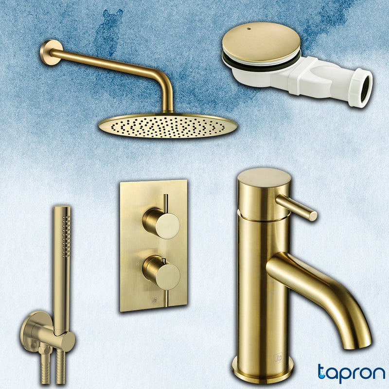 round shower head, gold shower arm, thermostatic shower valve, single lever basin mixer tap, shower handset with hose, brushed bath waste