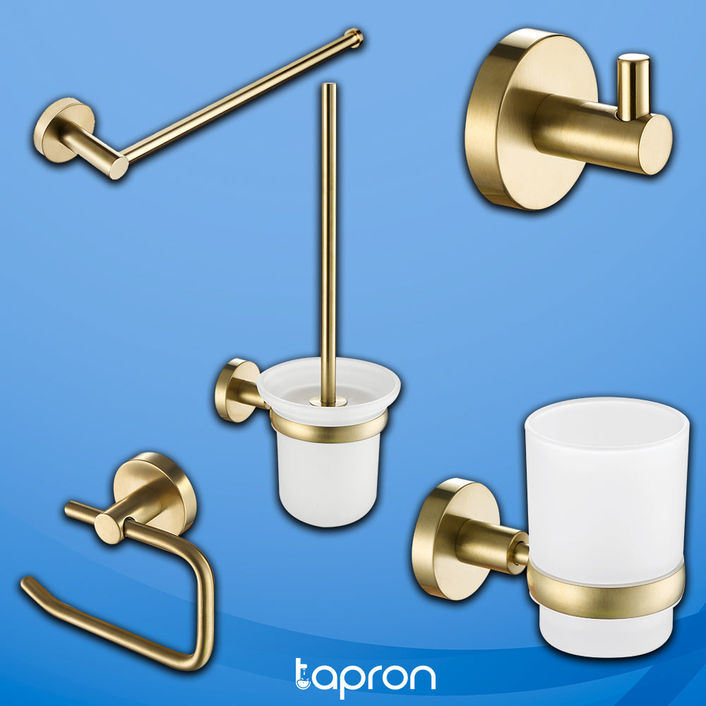 Toilet Roll Holder gold, single robe hook, gold wall mounted towel rail,  tumbler holder, toilet brush holder wall mounted ! TAPRON UK