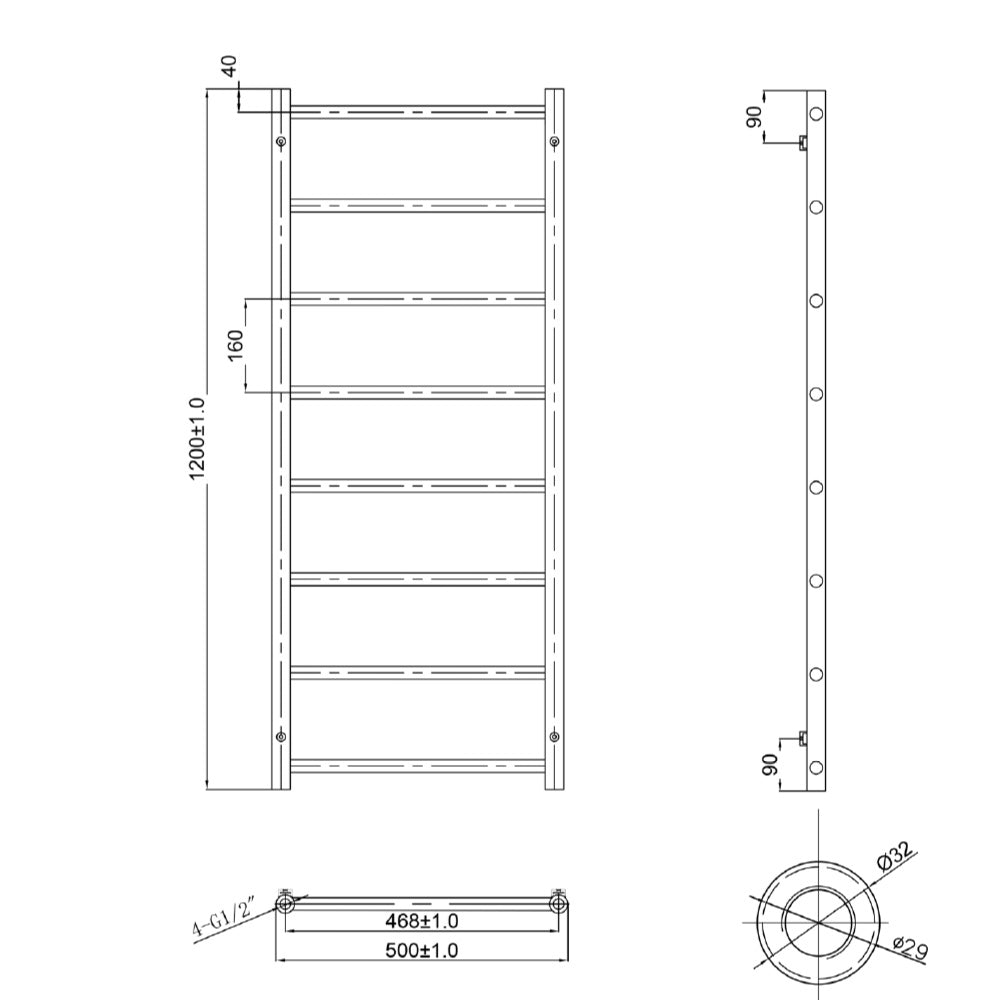 Brushed Gold Vertical Heated Towel Rail Radiator 1200mm x 500mm - Dual Fuel