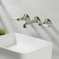 Wall Mounted 3-Hole Victorian Basin Tap with Lever Handles- Brushed Nickel