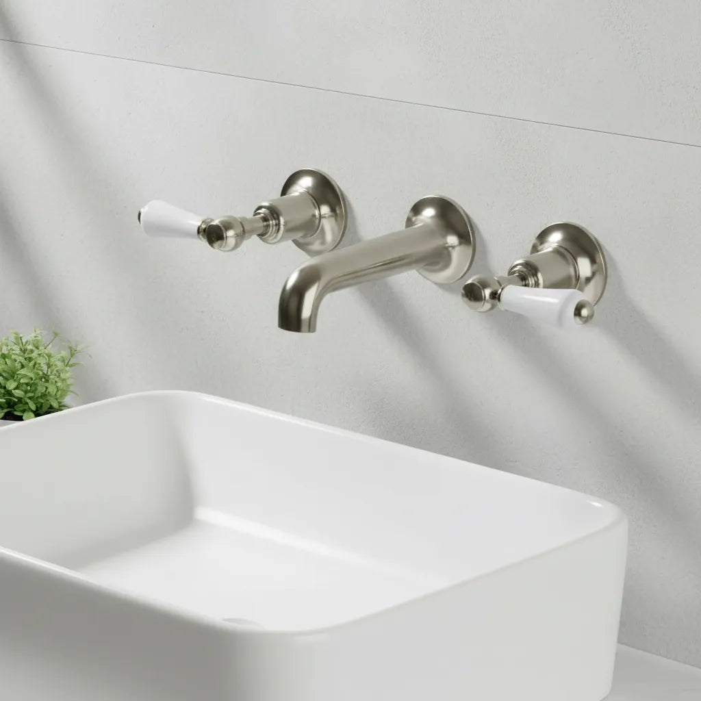 Wall Mounted 3-Hole Victorian Basin Tap with Lever Handles- Brushed Nickel