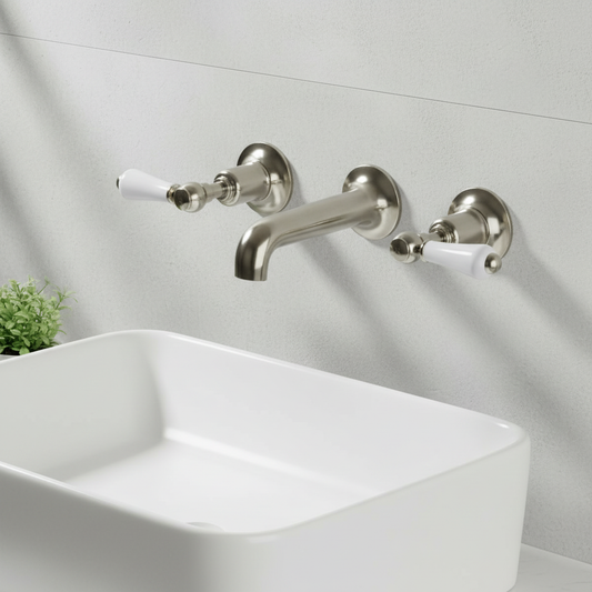 Wall Mounted 3-Hole Victorian Basin Tap with Lever Handles- Brushed Nickel