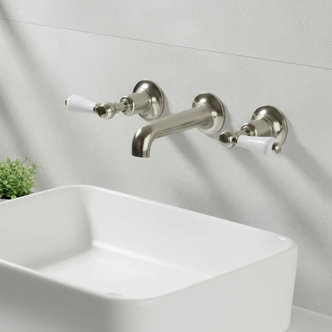 Wall Mounted 3-Hole Victorian Basin Tap with Lever Handles- Brushed Nickel