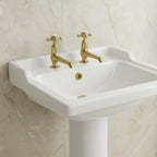 Deck-Mounted Brushed Brass Long-Nose Crosshead Basin Pillar Taps
