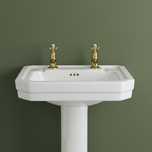 Deck-Mounted Long-Nose Crosshead Basin Pillar Taps - Shiny Gold