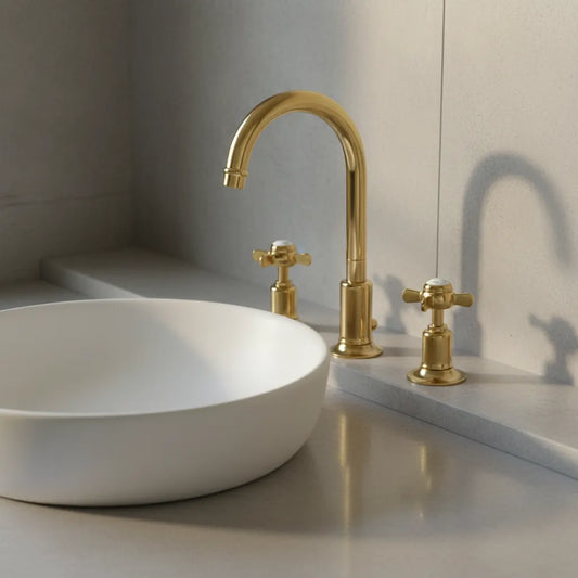 Traditional 3 Hole Basin Mixer Tap with Pop up Waste - Polished Gold