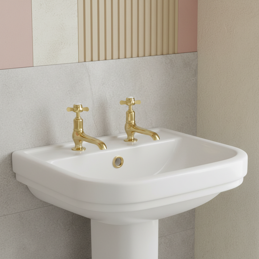 Traditional Pinch Long Nose Basin Pillar Taps - Polished Gold