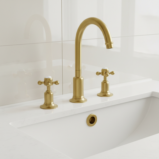 3-Hole Deck-Mounted Crosshead Basin Mixer Tap with Pop up Waste - Brushed Brass