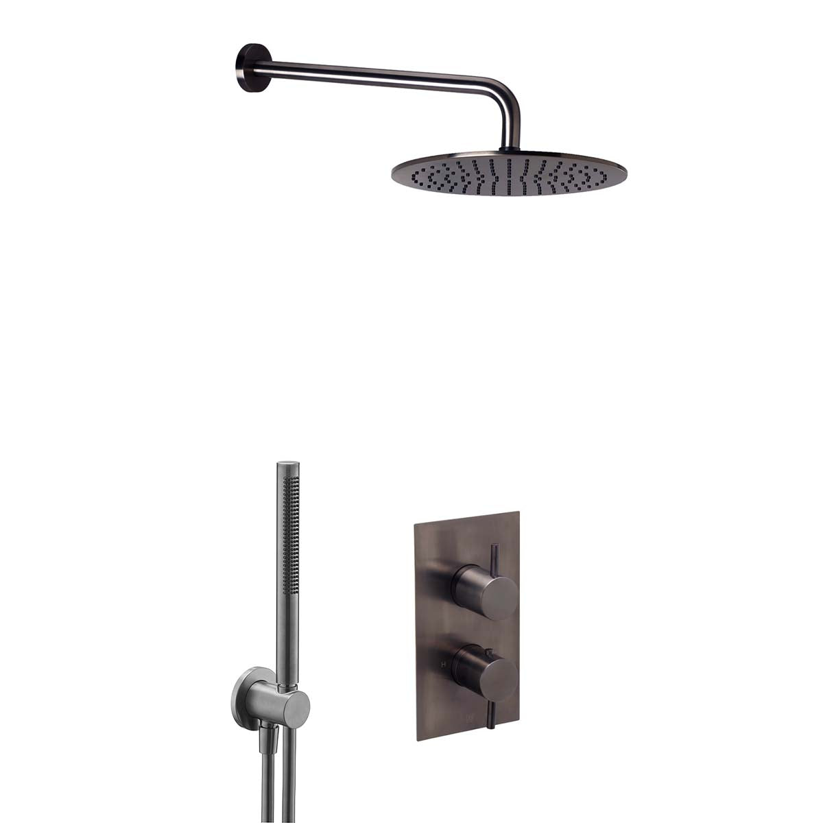 Gunmetal Shower Pack with 2 Outlet Concealed Valve, Fixed Shower Head and Arm & Shower Handset