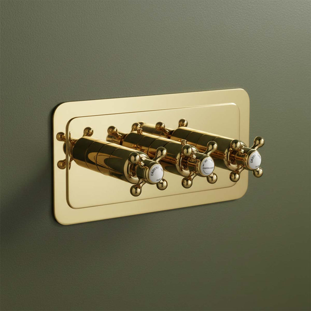 Horizontal 2-Outlet Concealed Thermostatic Shower Mixer Valve - Gold