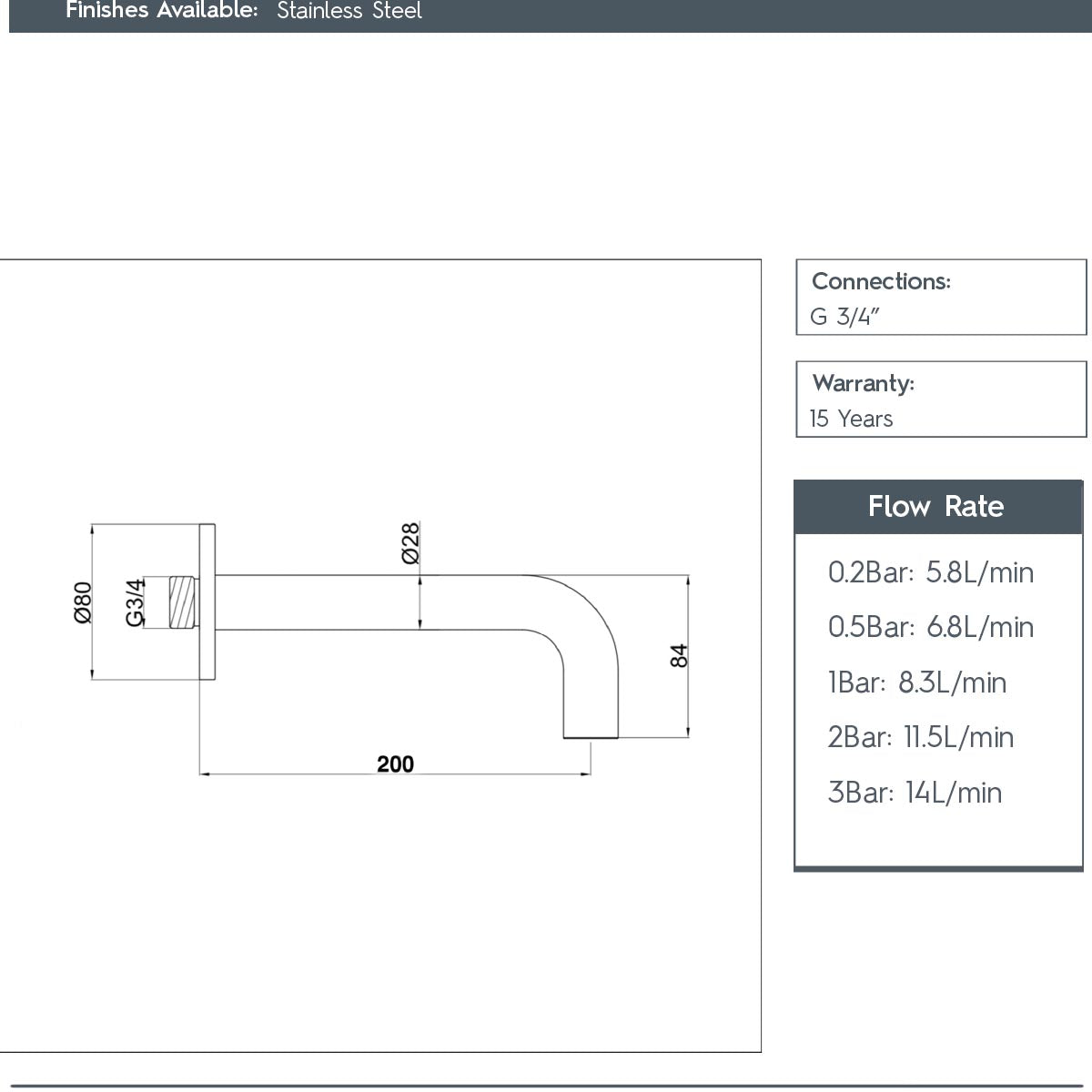 Inox Wall Mounted Bath Spout technical details