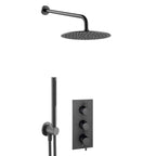 Matt Black Concealed Shower Set with Fixed Shower Head Arm, Handheld Shower Kit and 2 Outlet Thermostatic Valve