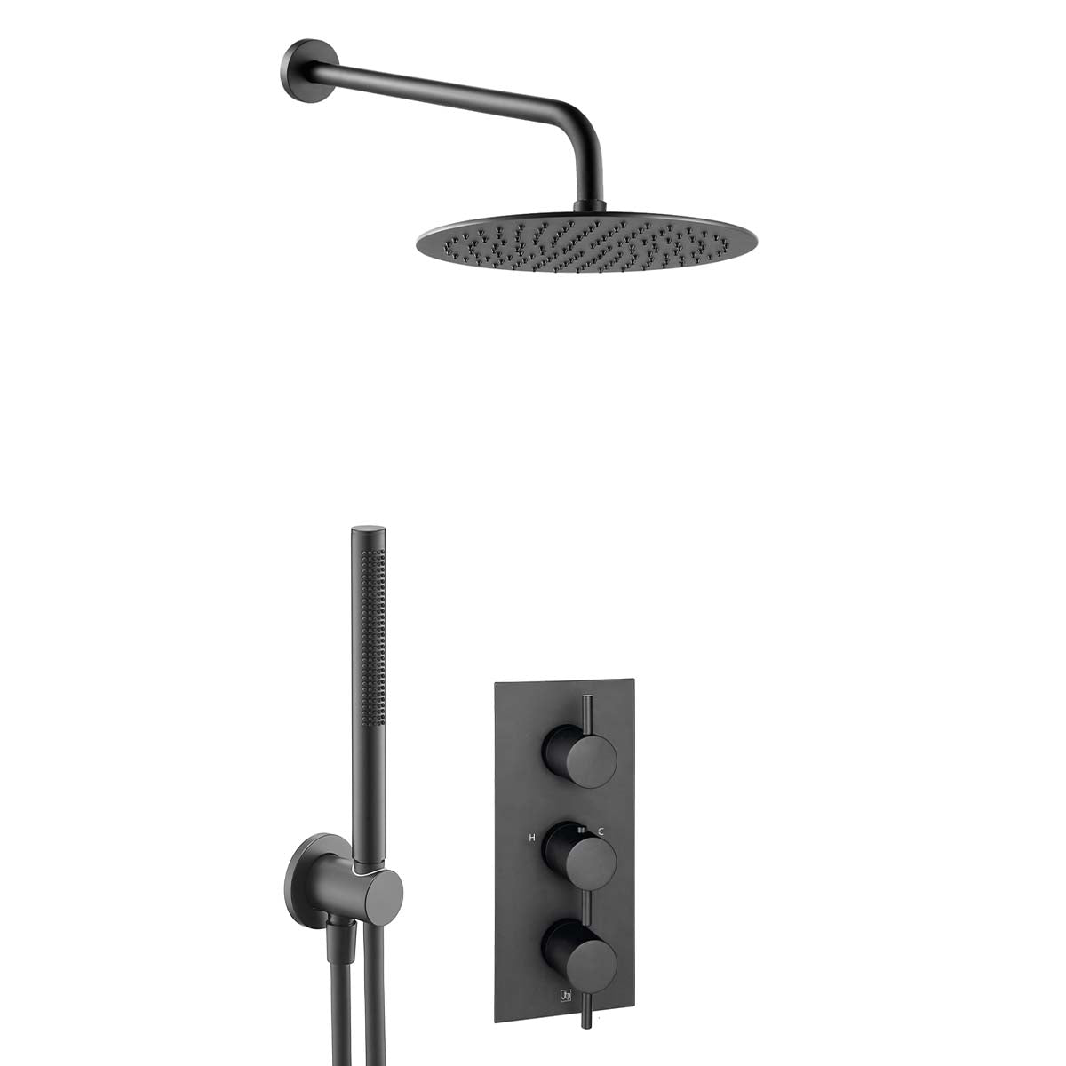 Matt Black Concealed Shower Set with Fixed Shower Head Arm, Handheld Shower Kit and 2 Outlet Thermostatic Valve