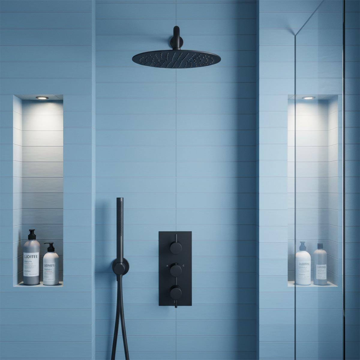 Matt Black Concealed Shower Set with Fixed Shower Head Arm, Wall Shower Kit and 2 Outlet Thermostatic Valve