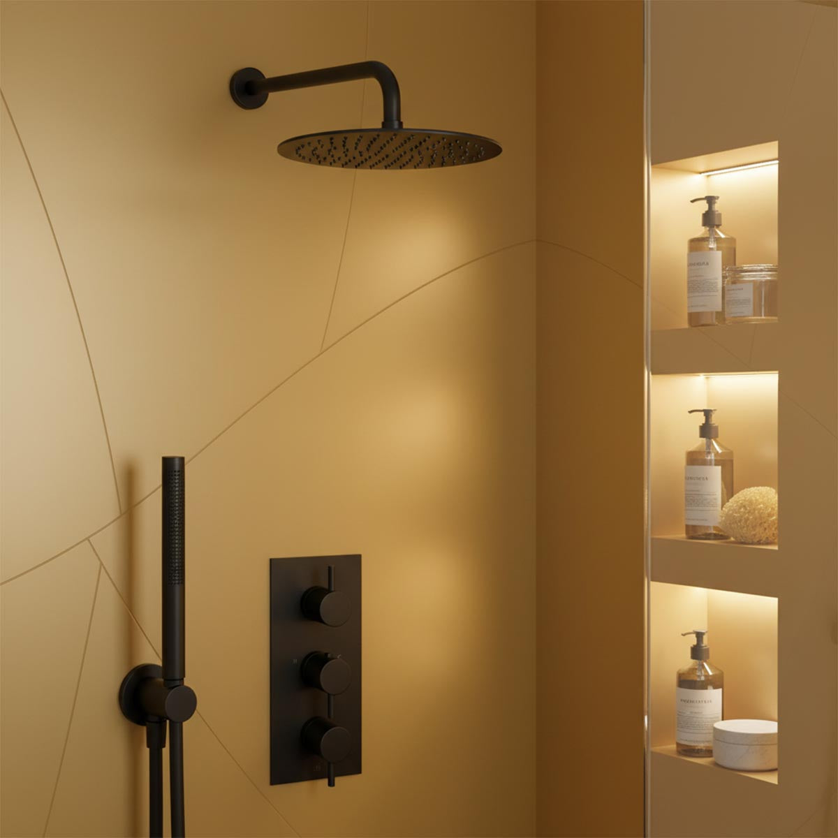 Matt Black Concealed Shower Set with Fixed Shower Head Arm, Wall Shower Kit and 2 Outlet Valve