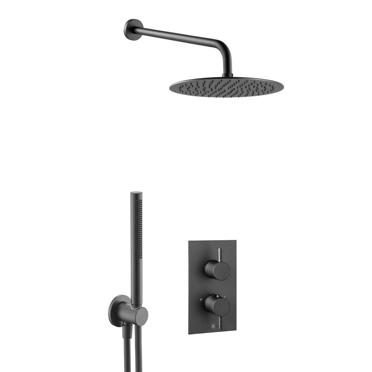 Matt Black Shower Package with 2 Outlet Concealed Thermostatic  Valve, Fixed Shower Arm & Head and Handheld Shower