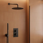 Matt Black Shower Package with 2 Outlet Concealed Valve, Fixed Shower Arm & Head and Handheld Shower