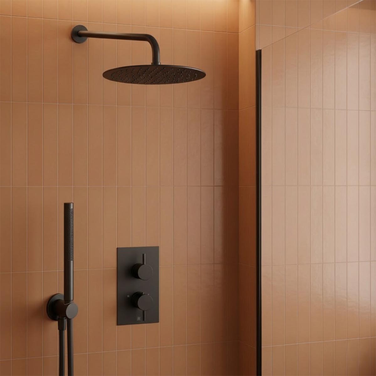 Matt Black Shower Package with 2 Outlet Concealed Valve, Fixed Shower Arm & Head and Handheld Shower